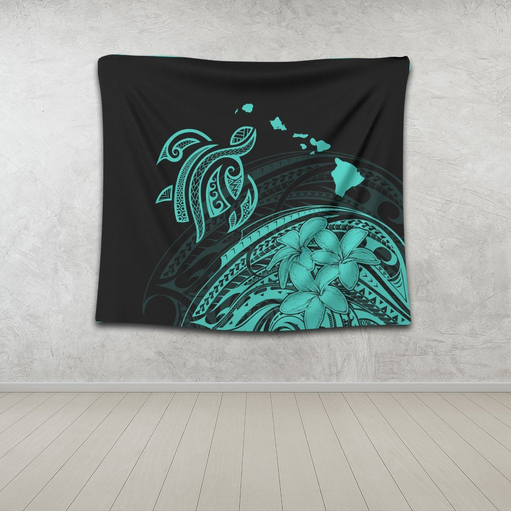 Hawaii Turtle Polynesian Map Plumeria Tapestry Turquoise - AH - Polynesian Pride