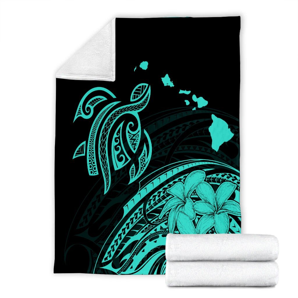 Hawaii Turtle Polynesian Map Plumeria Premium Blankets Turquoise - AH - Polynesian Pride