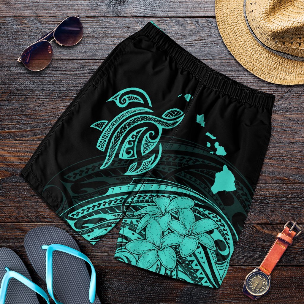 Hawaii Turtle Polynesian Map Plumeria Men's Shorts Turquoise - AH Art - Polynesian Pride