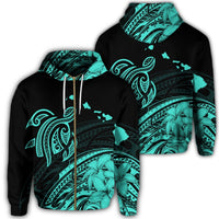 Hawaii Turtle Polynesian Map Plumeria Zip Hoodie Turquoise Unisex Art - Polynesian Pride