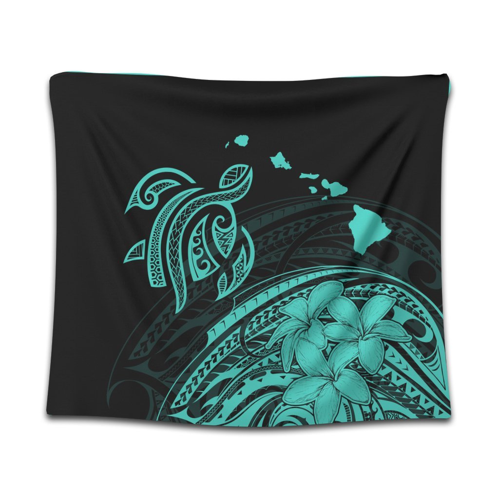 Hawaii Turtle Polynesian Map Plumeria Tapestry Turquoise - AH Wall Tapestry Black - Polynesian Pride