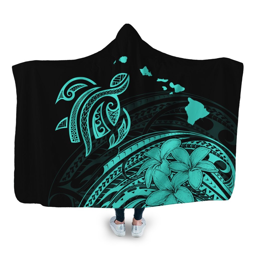 Hawaii Turtle Polynesian Map Plumeria Hooded Blanket Turquoise - AH Hooded Blanket White - Polynesian Pride