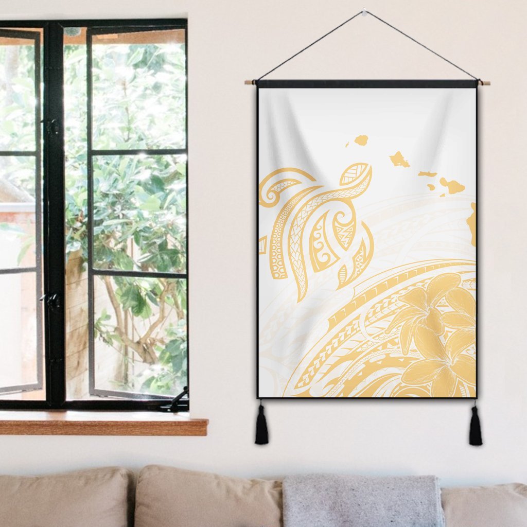 Hawaii Turtle Polynesian Map Plumeria White Background Hanging Poster - AH - Polynesian Pride