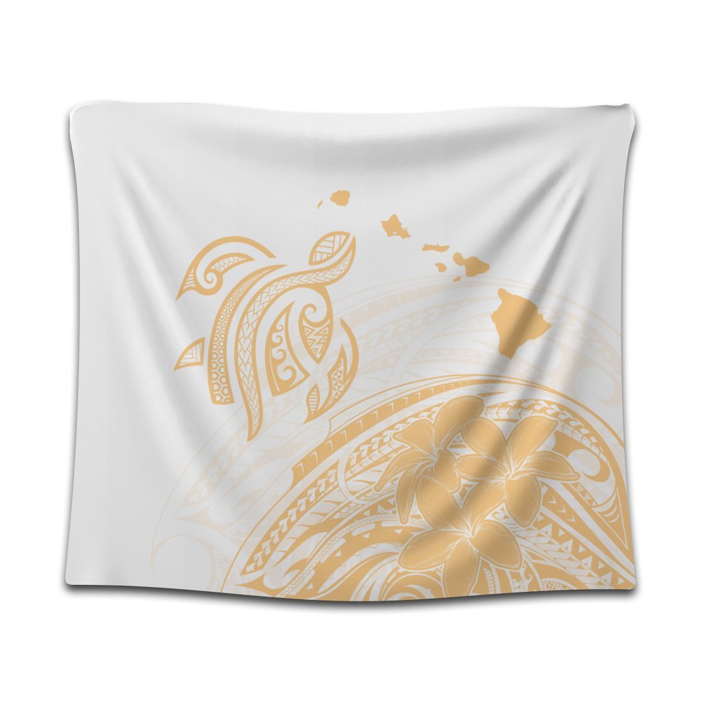 Hawaii Turtle Polynesian Map Plumeria White Background Tapestry - AH Wall Tapestry Black - Polynesian Pride