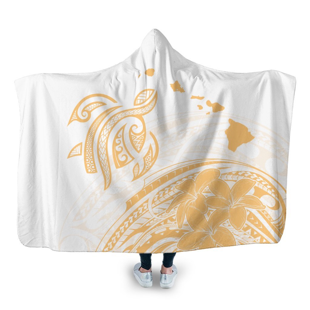 Hawaii Turtle Polynesian Map Plumeria White Background Hooded Blanket - AH Hooded Blanket White - Polynesian Pride