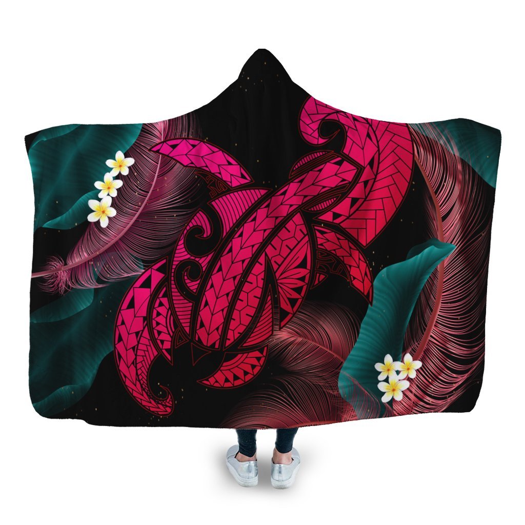 Hawaii Turtle Polynesian Tropical Hooded Blanket - Ghia Style Pink - AH Hooded Blanket White - Polynesian Pride