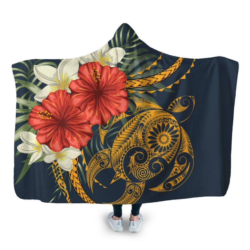 Hawaii Turtle Polynesian Tropical Hibiscus Plumeria Hooded Blanket - AH Hooded Blanket White - Polynesian Pride