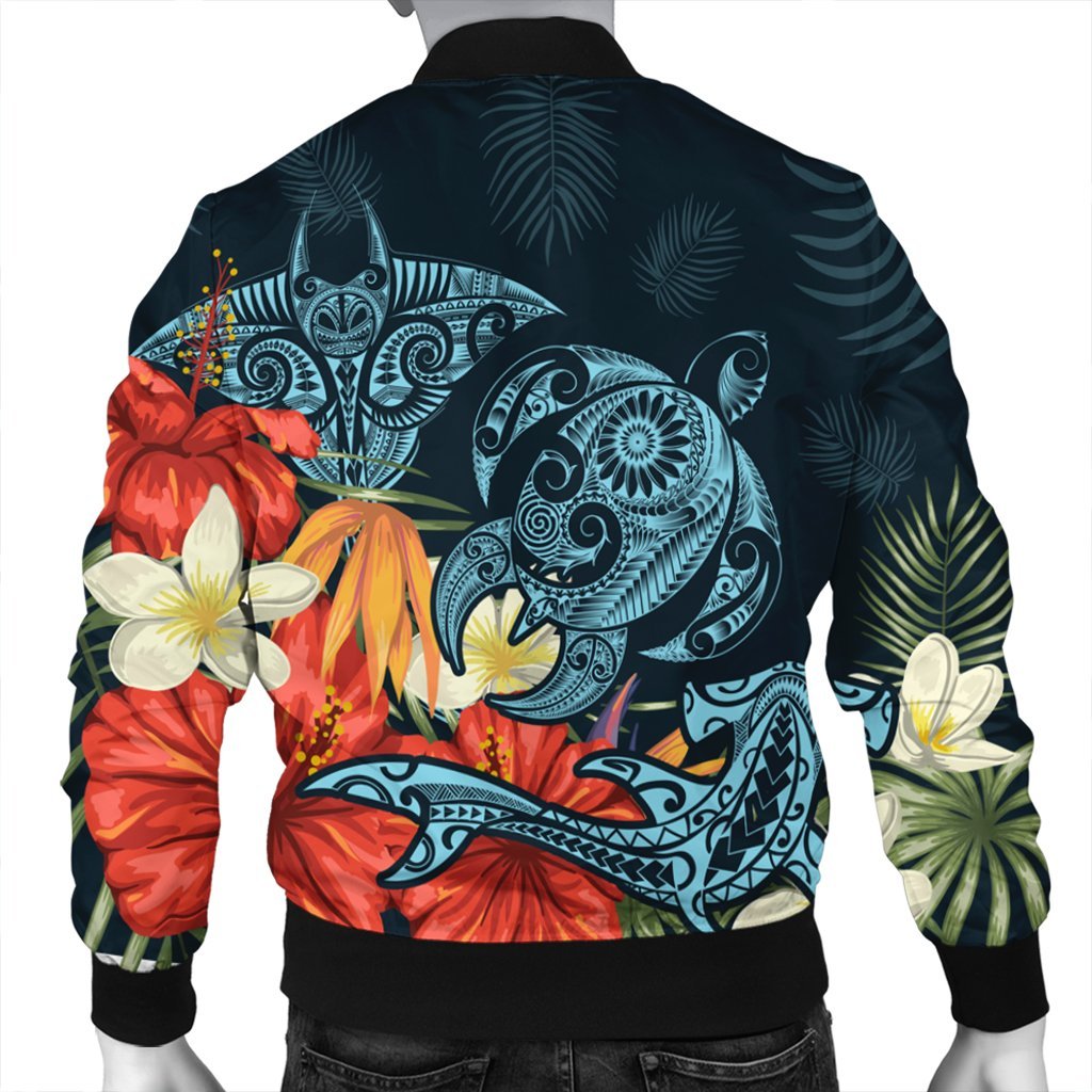 Hawaii Turtle Shark Manta Ray Hibiscus Plumeria Bomber Jacket - AH - Polynesian Pride