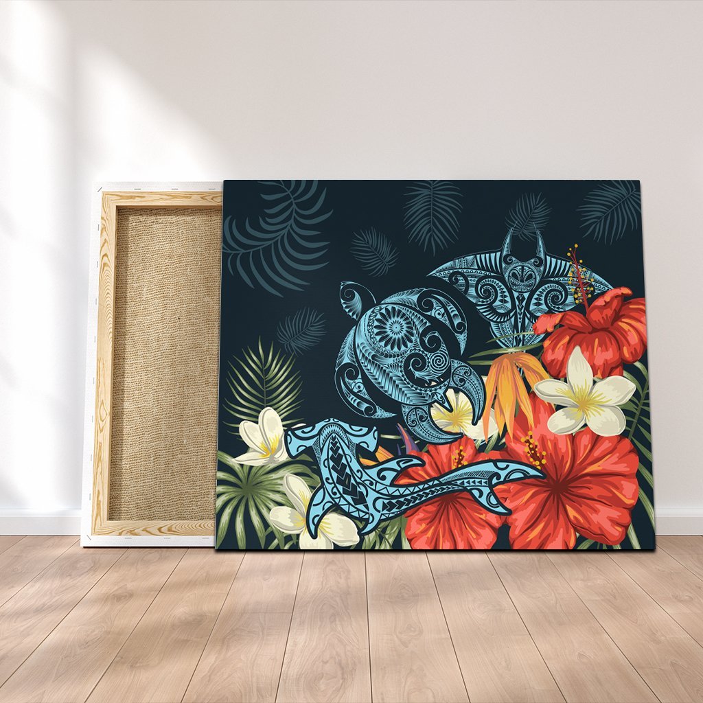 Hawaii Turtle Shark Manta Ray Hibiscus Plumeria Canvas - AH Canvas Poly-cotton - Polynesian Pride