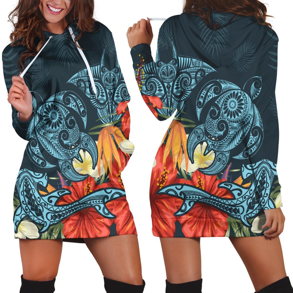 Hawaii Turtle Shark Manta Ray Hibiscus Plumeria Hoodie Dress - AH Black - Polynesian Pride