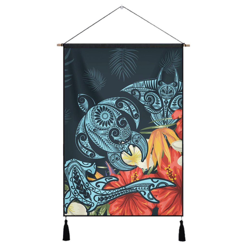 Hawaii Turtle Shark Manta Ray Hibiscus Plumeria Hanging Poster - AH Hanging Poster Cotton And Linen - Polynesian Pride
