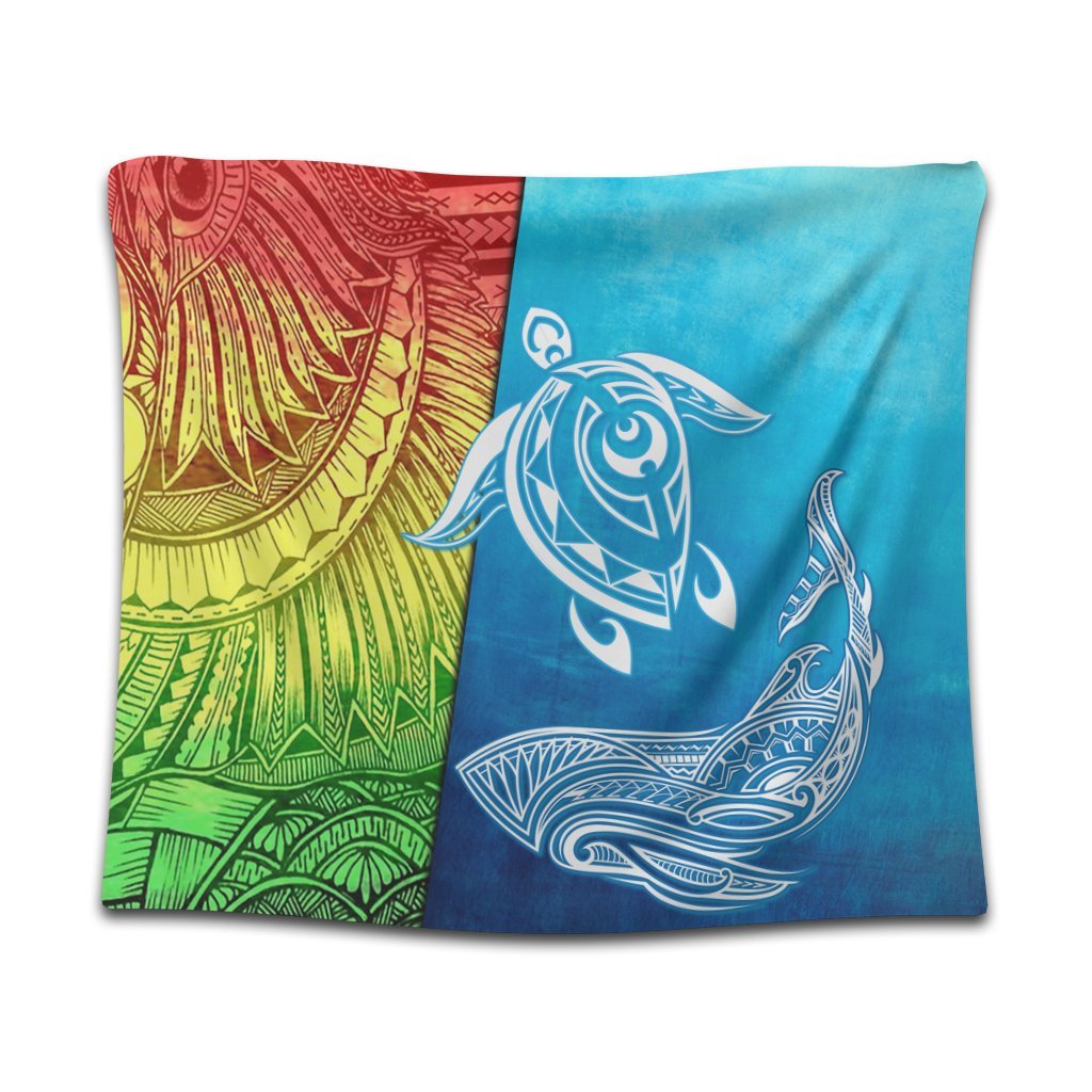 Hawaii Turtle Shark Polynesian And Sea Tapestry - AH Wall Tapestry Black - Polynesian Pride