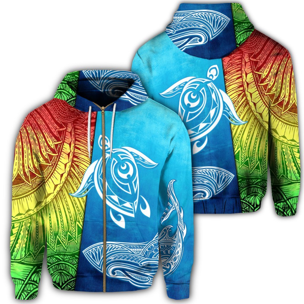 Hawaii Turtle Shark Polynesian and Sea Zip Hoodie Unisex Art - Polynesian Pride