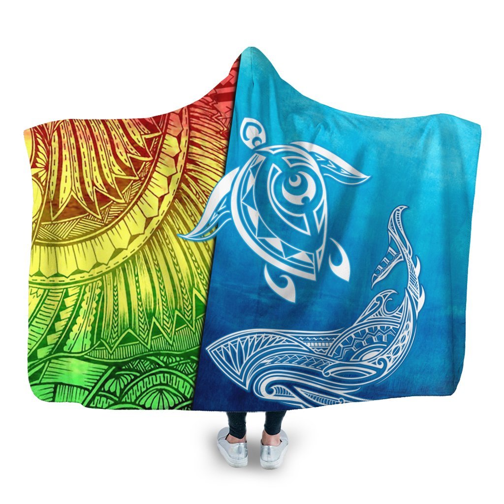 Hawaii Turtle Shark Polynesian And Sea Hooded Blanket - AH Hooded Blanket White - Polynesian Pride