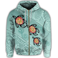Hawaii Turtle Swimming Tribal Polynesian Zip Hoodie Min Style - Polynesian Pride