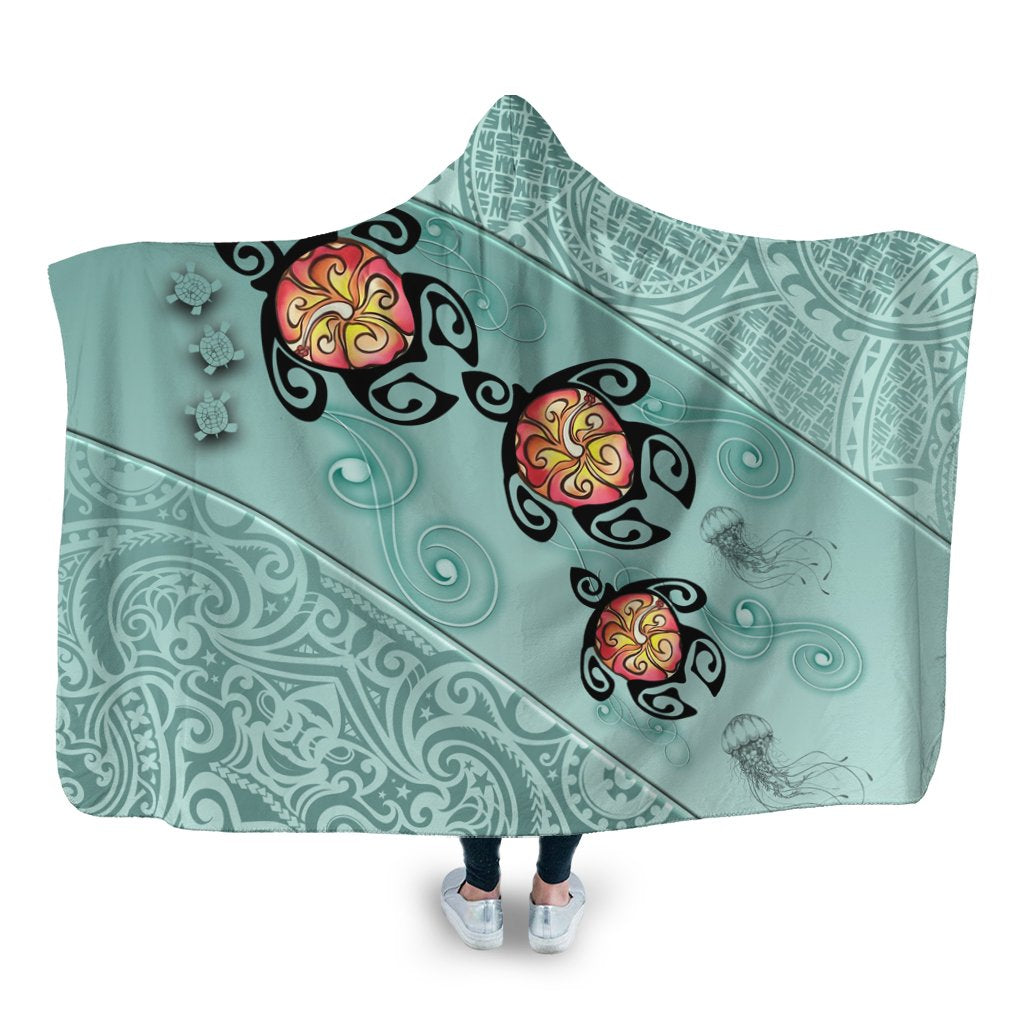 Hawaii Turtle Swimming Tribal Polynesian Hooded Blanket - AH - Min Style Hooded Blanket White - Polynesian Pride