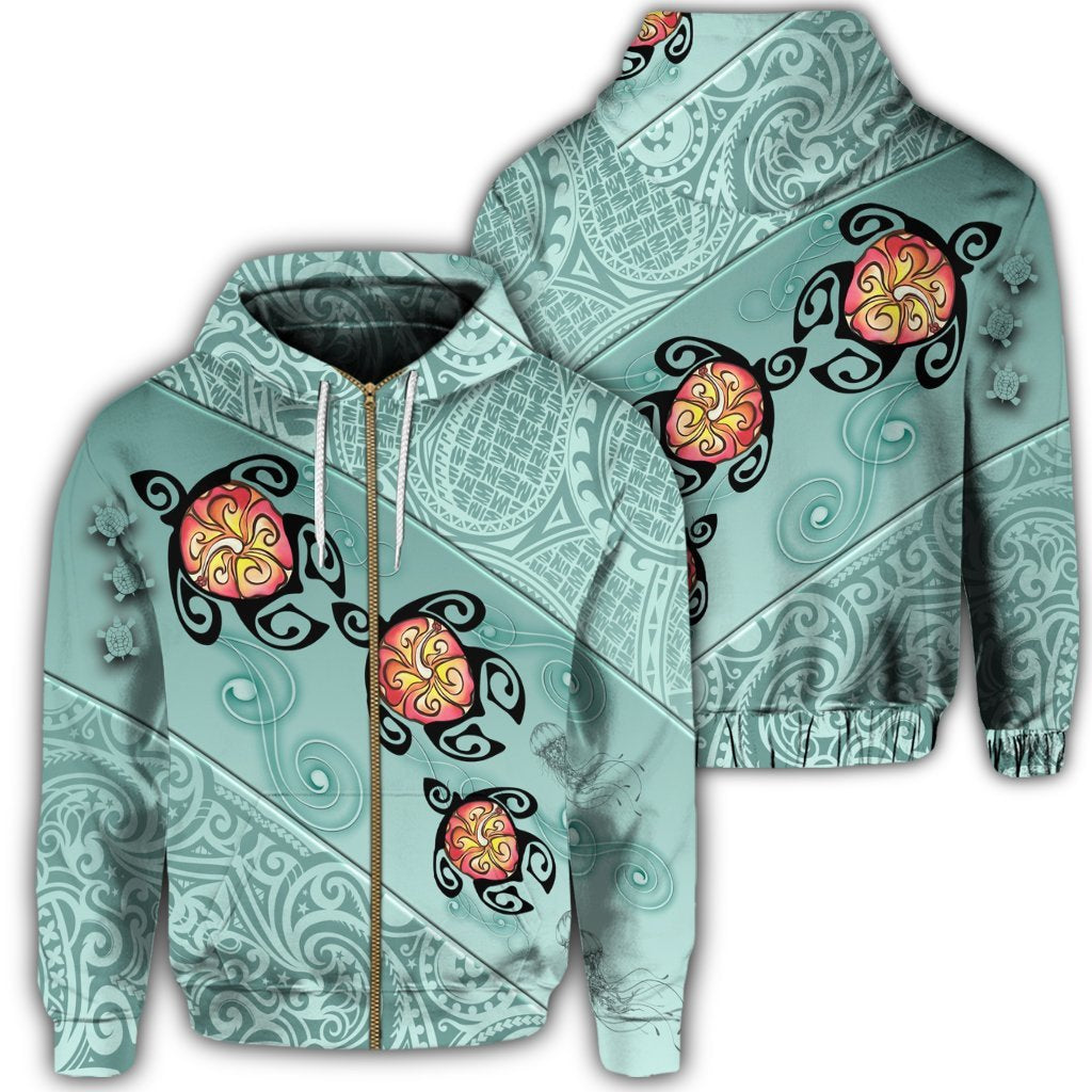 Hawaii Turtle Swimming Tribal Polynesian Zip Hoodie Min Style Unisex Art - Polynesian Pride