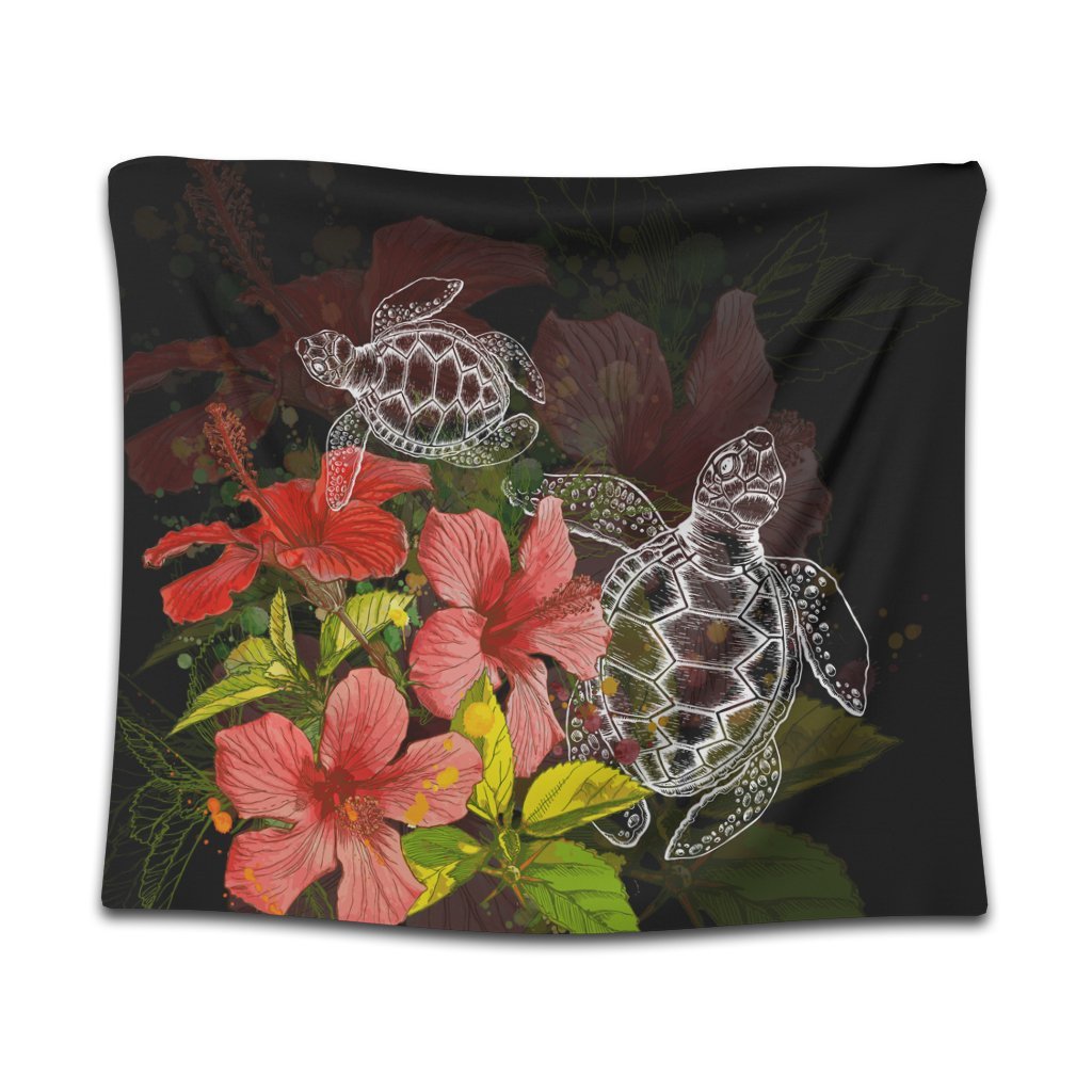 Hawaii Turtle Tree Hibiscus Tapestry - AH Wall Tapestry Black - Polynesian Pride