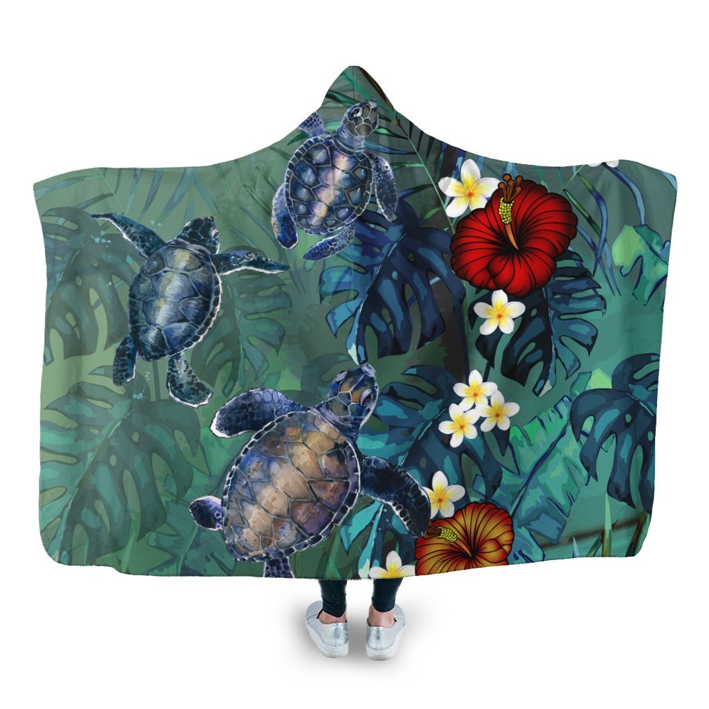 Hawaii Turtle Tropical Art Hooded Blanket - Hela Style - AH Hooded Blanket White - Polynesian Pride