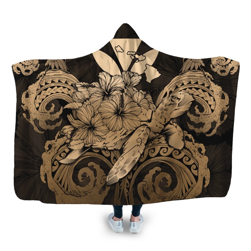 Hawaii Turtle Wave Polynesian Hooded Blanket - Hey Style Gold - AH Hooded Blanket White - Polynesian Pride