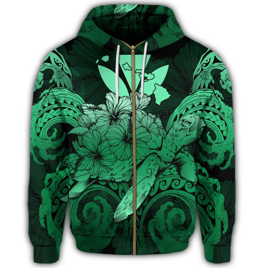 Hawaii Turtle Wave Polynesian Zip Hoodie Hey Style Green Pastel - Polynesian Pride