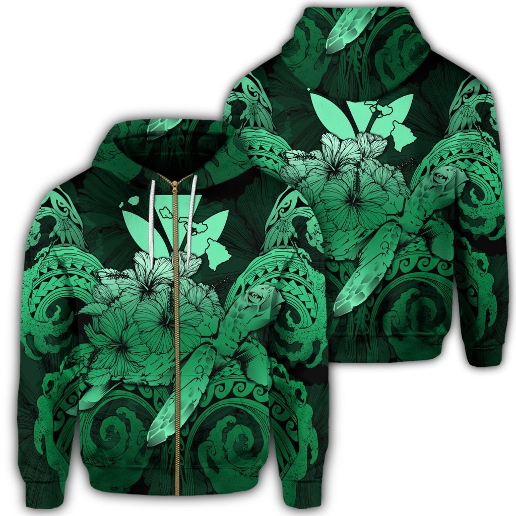 Hawaii Turtle Wave Polynesian Zip Hoodie Hey Style Green Pastel Unisex Art - Polynesian Pride