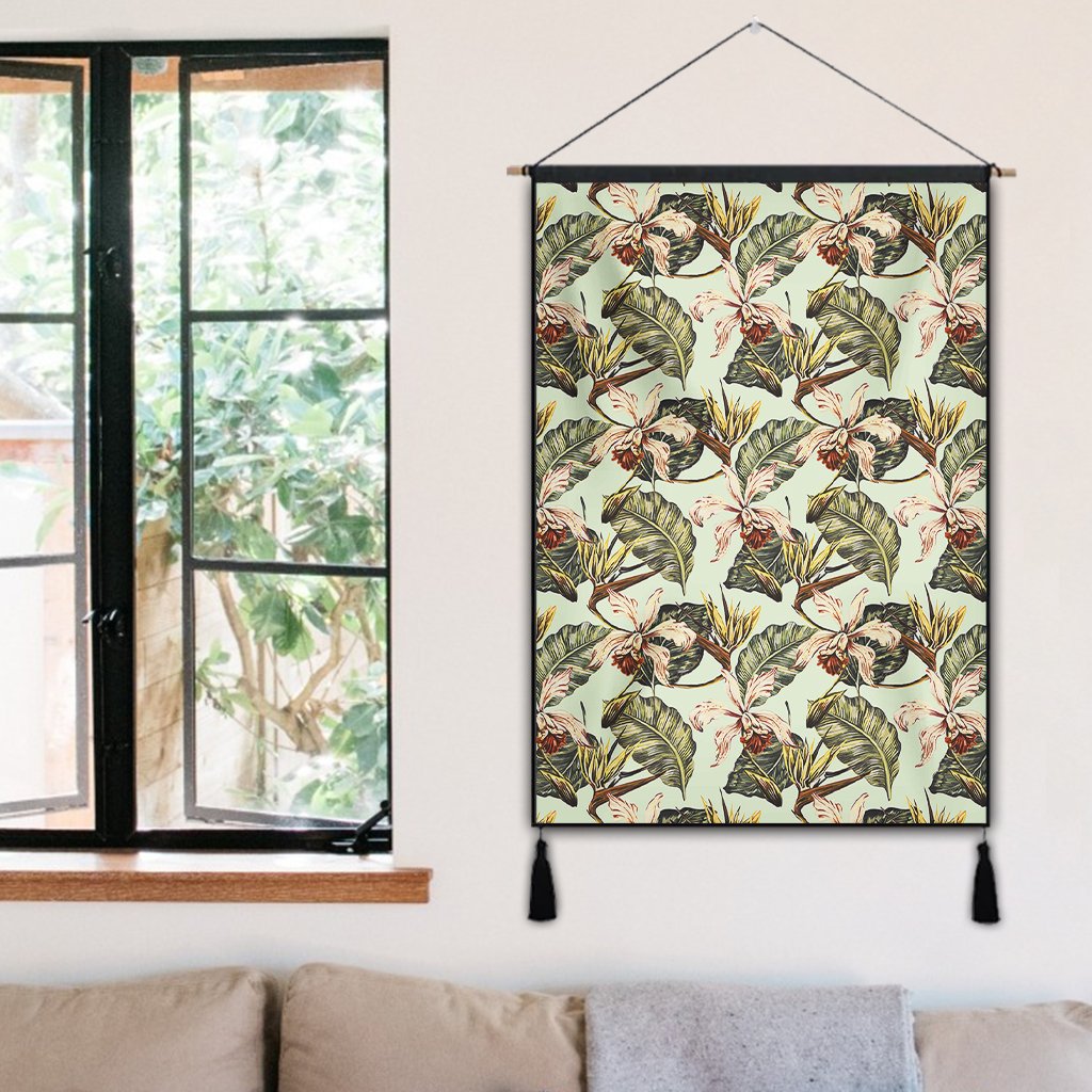 Hawaii Vintage Tropical Jungle Leaves Orchid Bird Hanging Poster - AH- Hanging Poster 50 x 75 cm Cotton And Linen - Polynesian Pride
