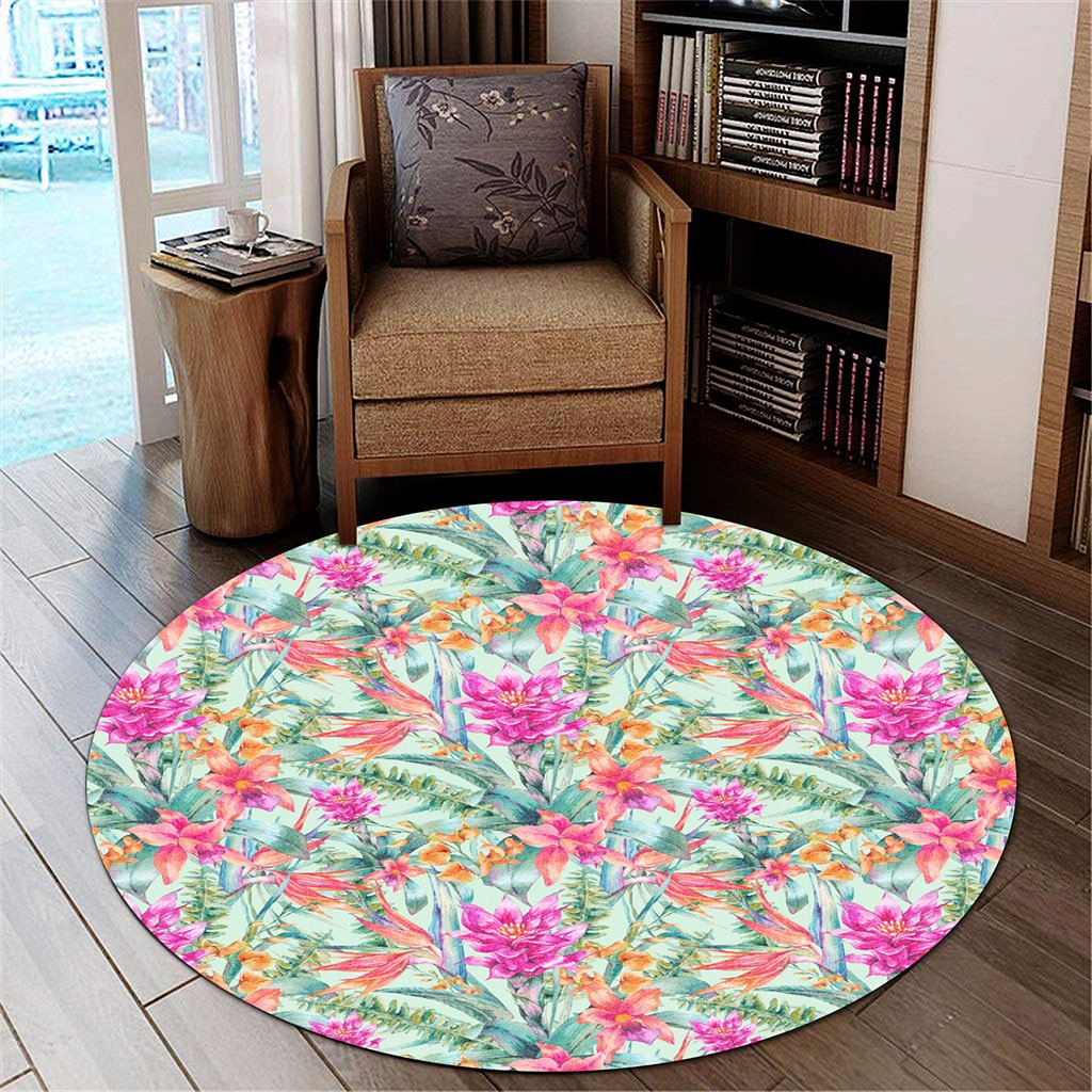 Hawaii Watercolor Vintage Floral Tropical Bird of Paradise Round Carpet - AH Round Carpet Luxurious Plush - Polynesian Pride