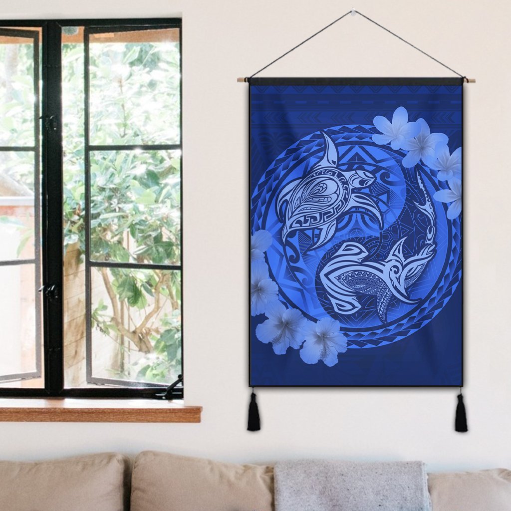Hawaii Yin Yang Turtle Shark Hibiscus Plumeria Hanging Poster - Blue - AH - Polynesian Pride