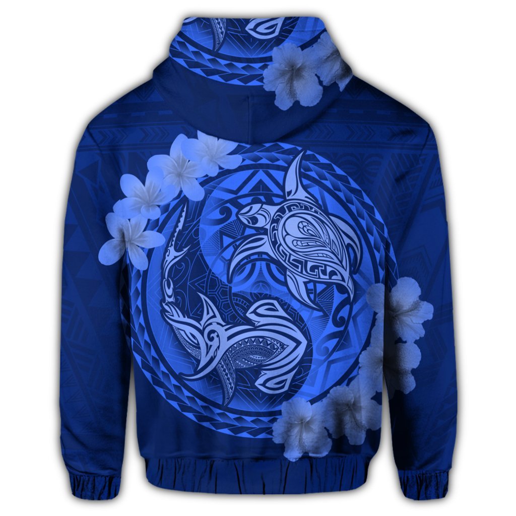 Hawaii Yin Yang Turtle Shark Hibiscus Plumeria Zip Hoodie Blue - Polynesian Pride