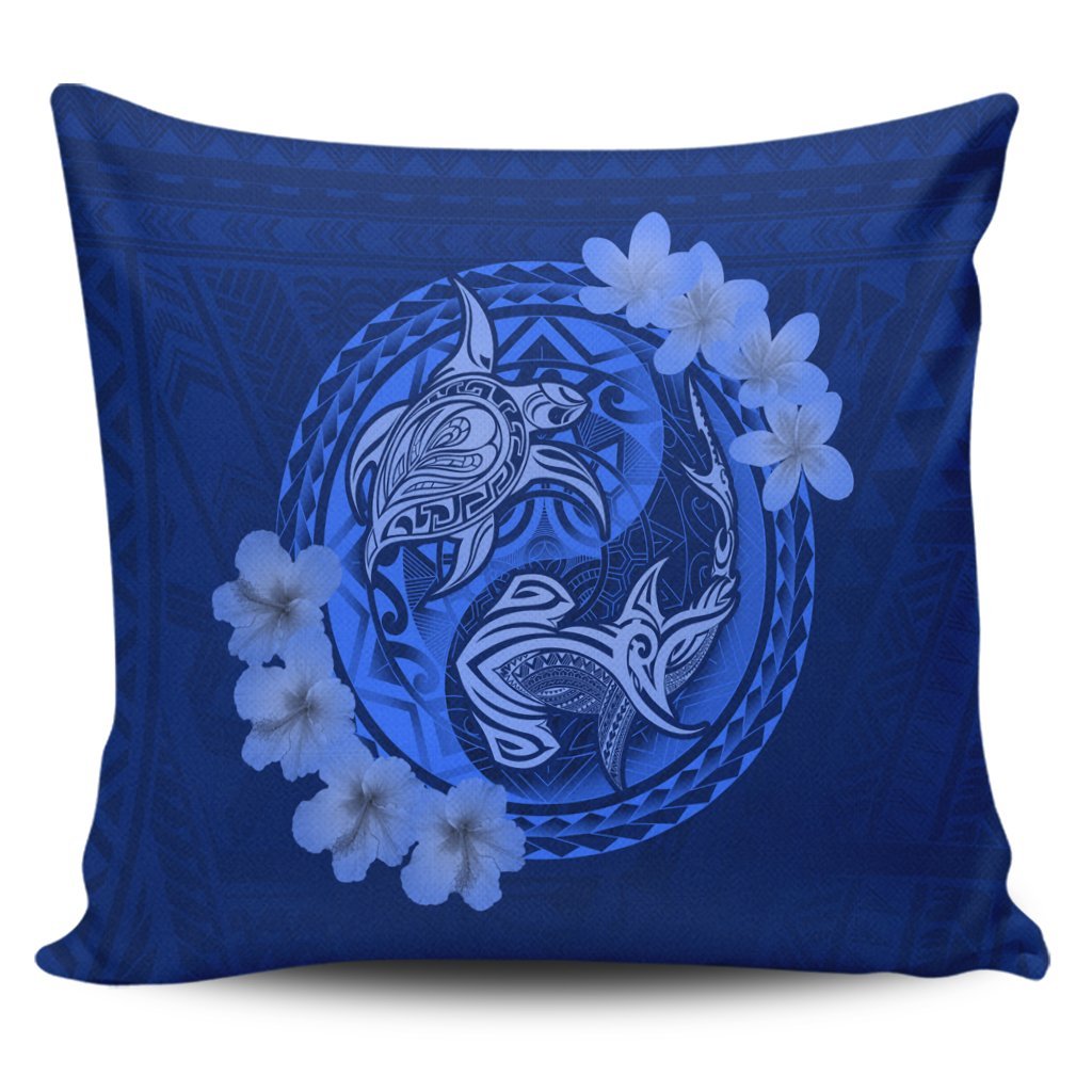 Hawaii Yin Yang Turtle Shark Hibiscus Plumeria Pillow Covers - Blue - AH Pillow Covers Black - Polynesian Pride