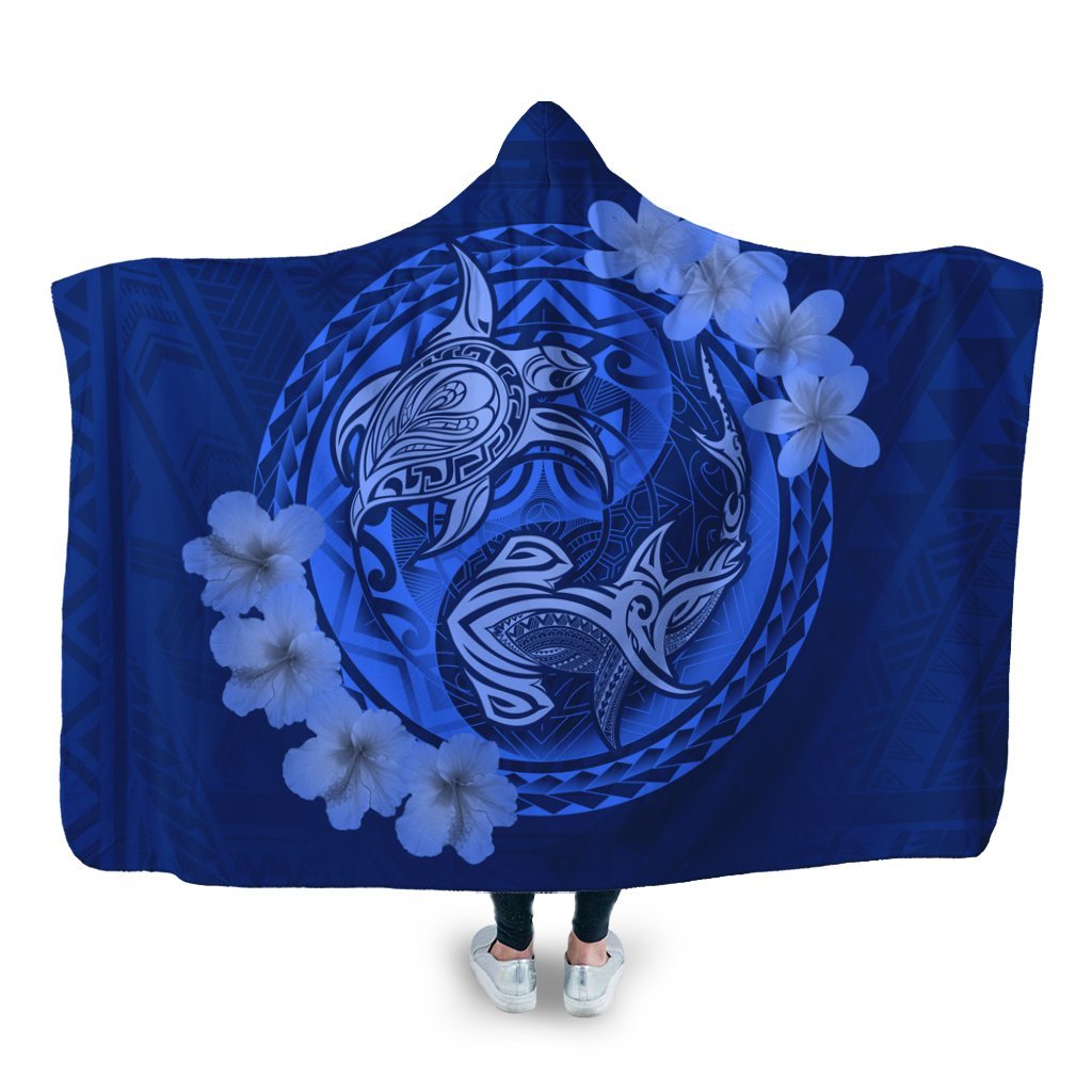 Hawaii Yin Yang Turtle Shark Hibiscus Plumeria Hooded Blanket - Blue - AH Hooded Blanket White - Polynesian Pride