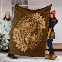 Hawaii Yin Yang Turtle Shark Hibiscus Plumeria Premium Blankets - Gold - AH - Polynesian Pride