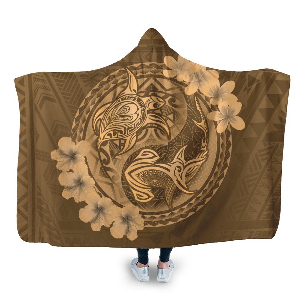 Hawaii Yin Yang Turtle Shark Hibiscus Plumeria Hooded Blanket - Gold - AH Hooded Blanket White - Polynesian Pride