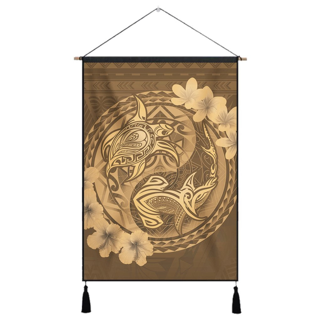 Hawaii Yin Yang Turtle Shark Hibiscus Plumeria Hanging Poster - Gold - AH Hanging Poster Cotton And Linen - Polynesian Pride