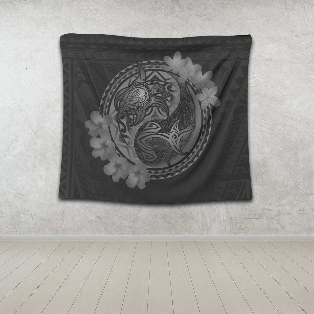 Hawaii Yin Yang Turtle Shark Hibiscus Plumeria Tapestry - Gray - AH - Polynesian Pride