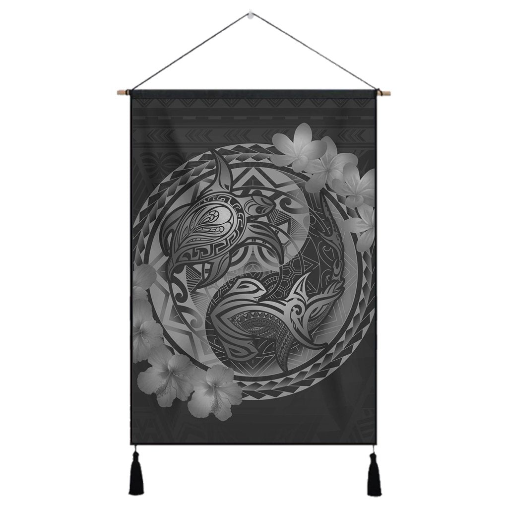 Hawaii Yin Yang Turtle Shark Hibiscus Plumeria Hanging Poster - Gray - AH Hanging Poster Cotton And Linen - Polynesian Pride