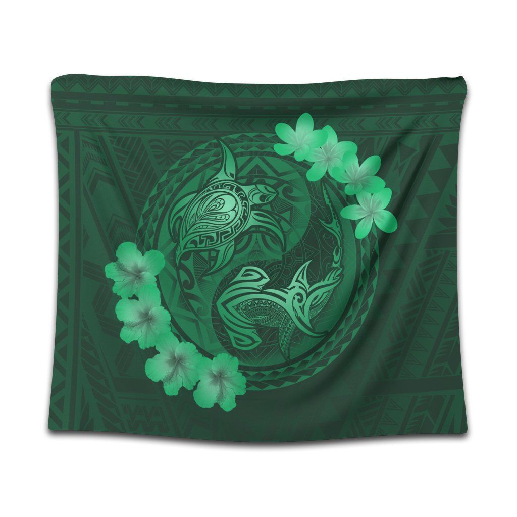 Hawaii Yin Yang Turtle Shark Hibiscus Plumeria Tapestry - Green - AH Wall Tapestry Black - Polynesian Pride