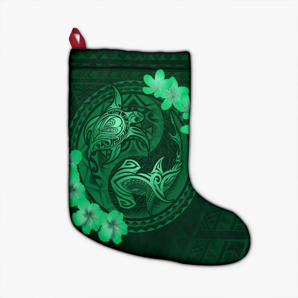 Hawaii Yin Yang Turtle Shark Hibiscus Plumeria Christmas Stocking - Green - AH Christmas Stocking 26 X 42 cm Black - Polynesian Pride