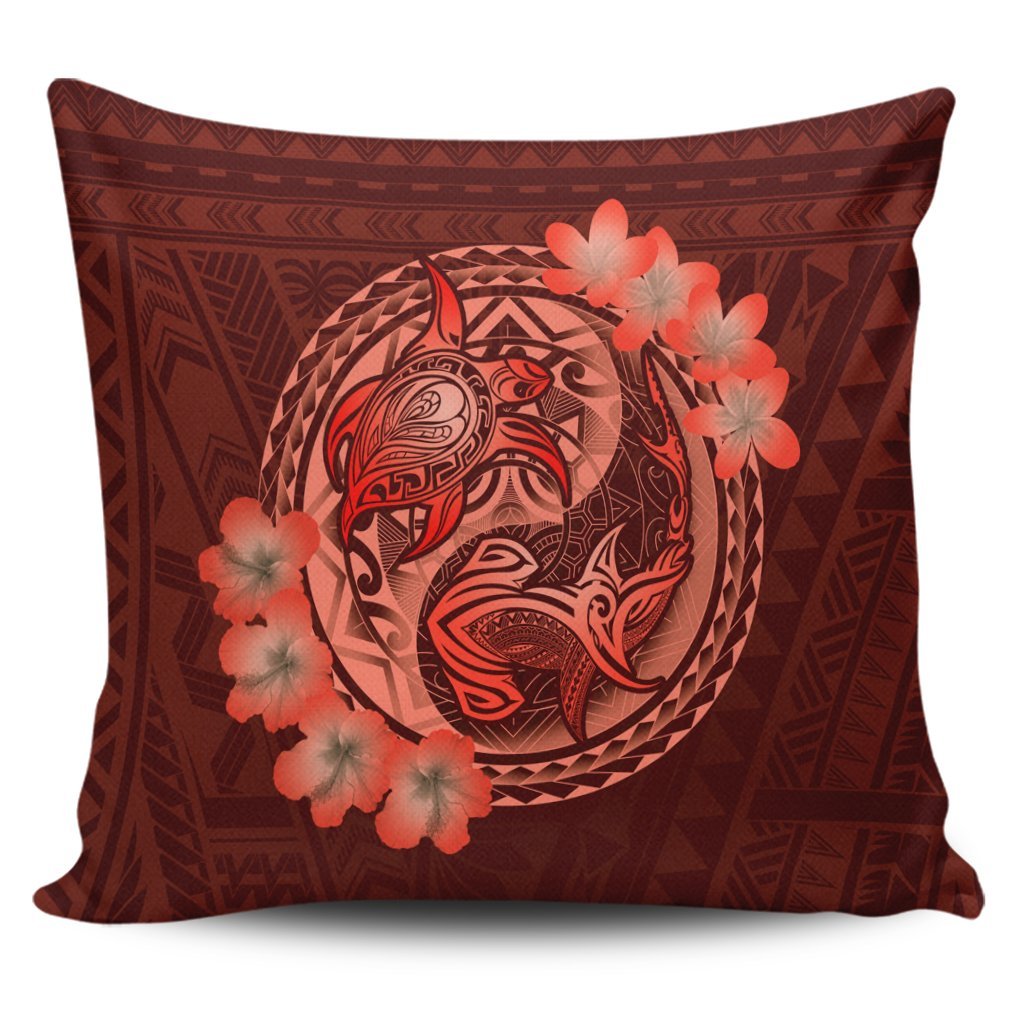 Hawaii Yin Yang Turtle Shark Hibiscus Plumeria Pillow Covers - Orange - AH Pillow Covers Black - Polynesian Pride