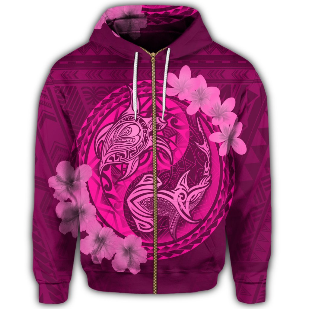 Hawaii Yin Yang Turtle Shark Hibiscus Plumeria Zip Hoodie Pink - Polynesian Pride