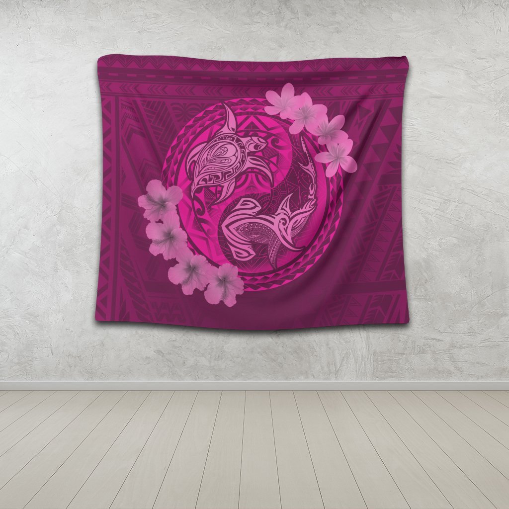Hawaii Yin Yang Turtle Shark Hibiscus Plumeria Tapestry - Pink - AH - Polynesian Pride