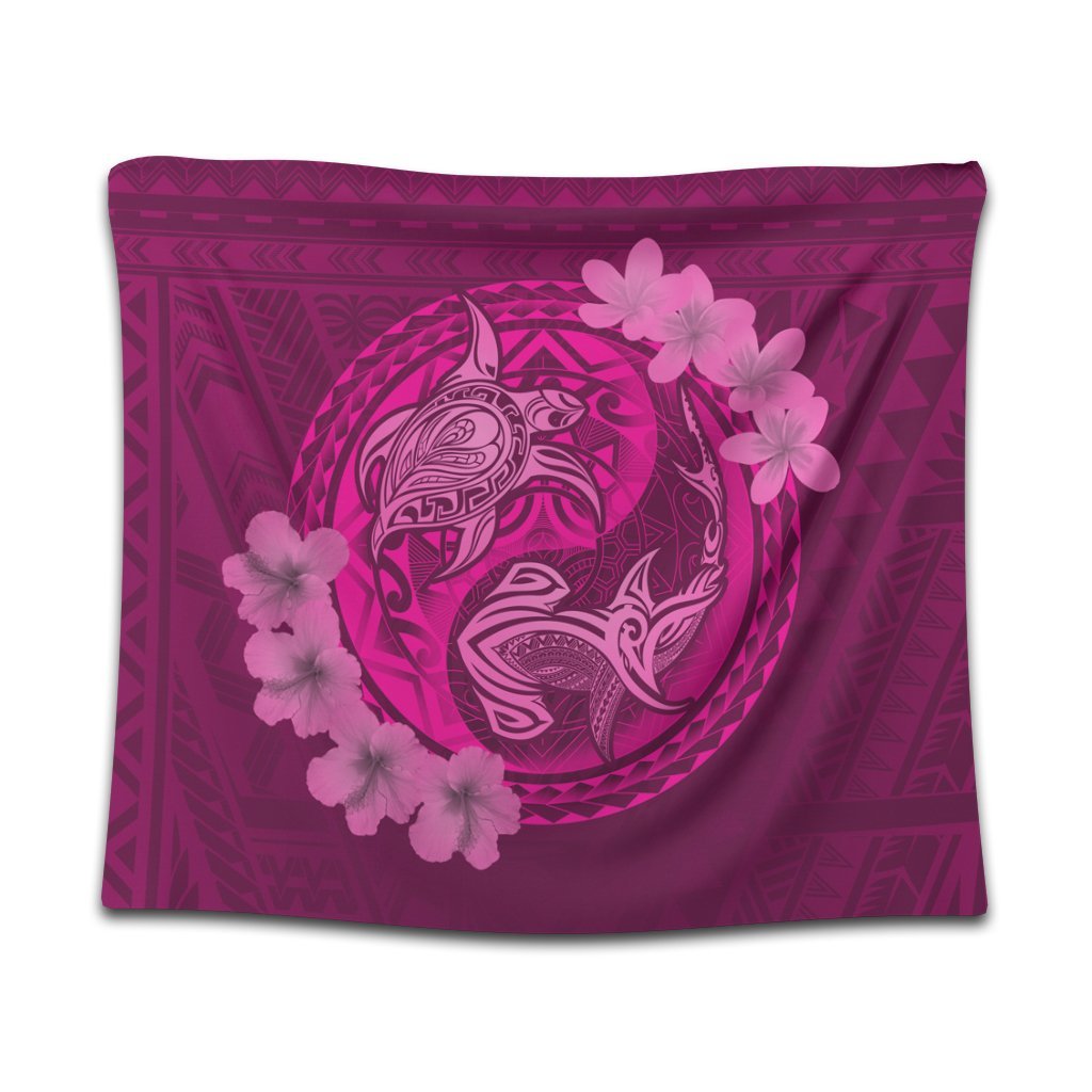 Hawaii Yin Yang Turtle Shark Hibiscus Plumeria Tapestry - Pink - AH Wall Tapestry Black - Polynesian Pride