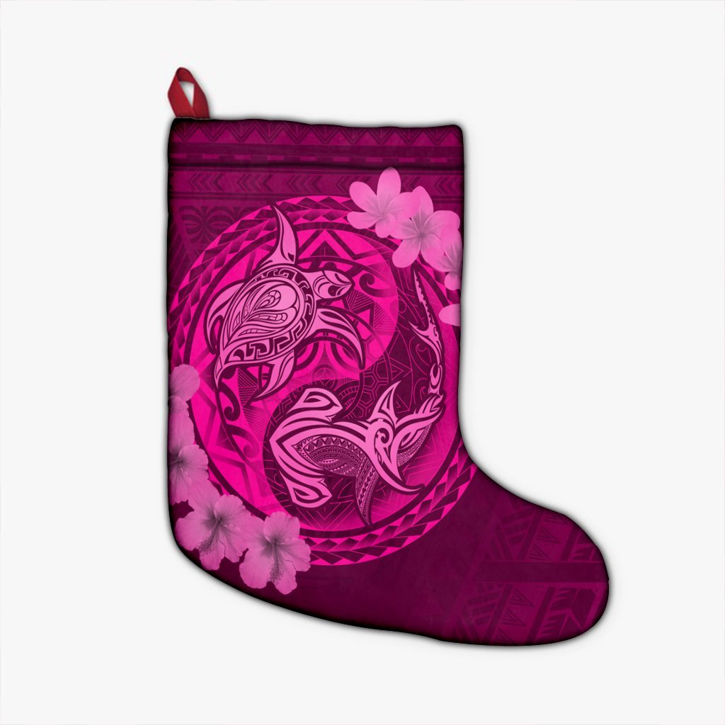 Hawaii Yin Yang Turtle Shark Hibiscus Plumeria Christmas Stocking - Pink - AH Christmas Stocking 26 X 42 cm Black - Polynesian Pride