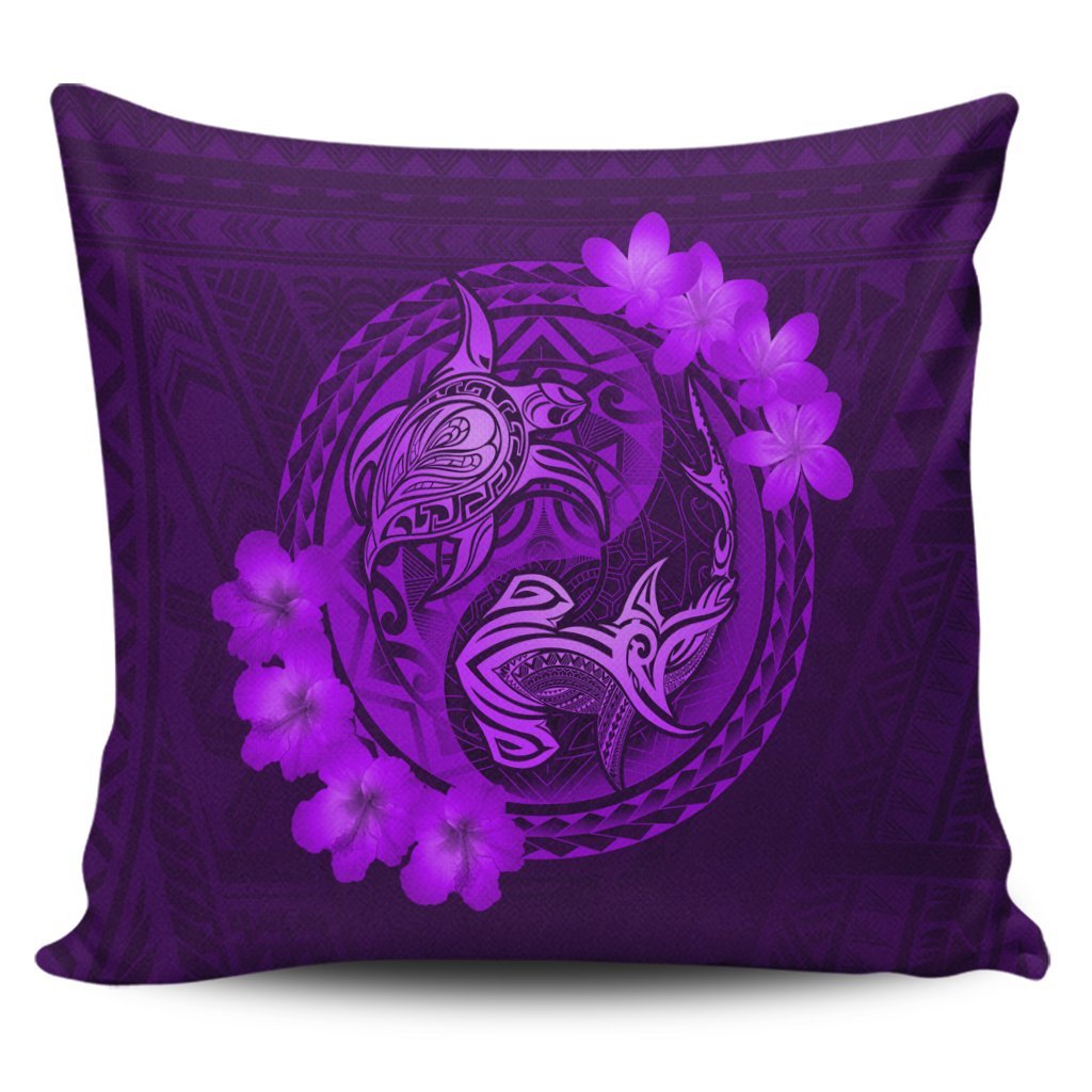 Hawaii Yin Yang Turtle Shark Hibiscus Plumeria Pillow Covers - Purple - AH Pillow Covers Black - Polynesian Pride