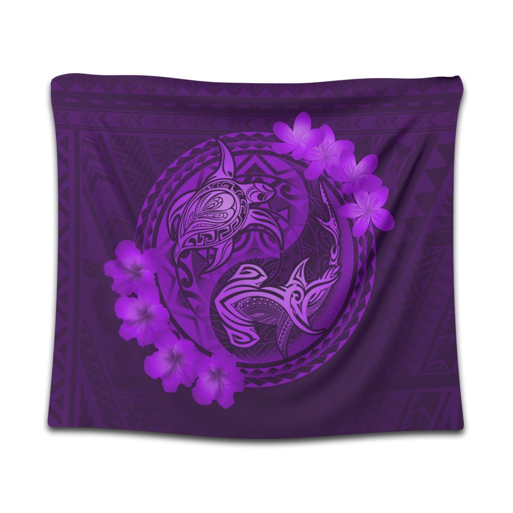 Hawaii Yin Yang Turtle Shark Hibiscus Plumeria Tapestry - Purple - AH Wall Tapestry Black - Polynesian Pride