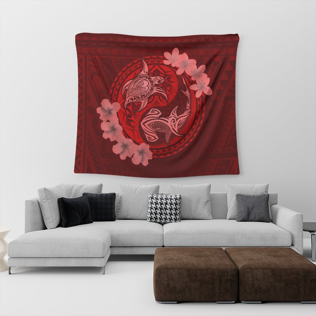 Hawaii Yin Yang Turtle Shark Hibiscus Plumeria Tapestry - Red - AH - Polynesian Pride