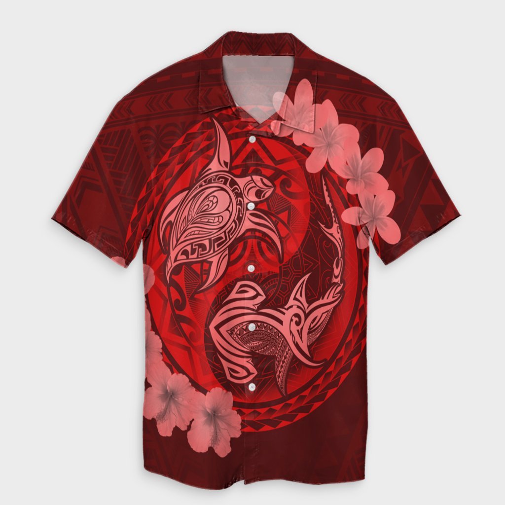 Hawaii Yin Yang Turtle Shark Hibiscus Plumeria Hawaiian Shirt - Red - AH Unisex Black - Polynesian Pride