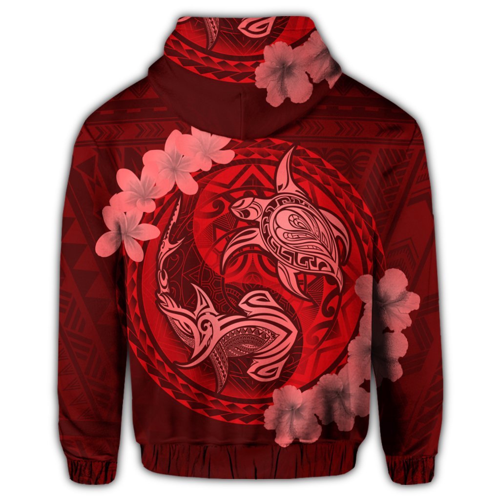 Hawaii Yin Yang Turtle Shark Hibiscus Plumeria Zip Hoodie Red - Polynesian Pride