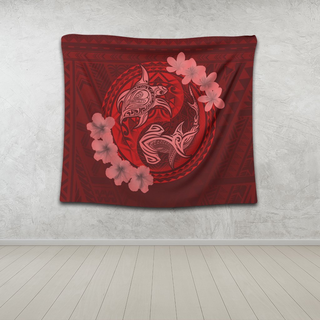 Hawaii Yin Yang Turtle Shark Hibiscus Plumeria Tapestry - Red - AH - Polynesian Pride